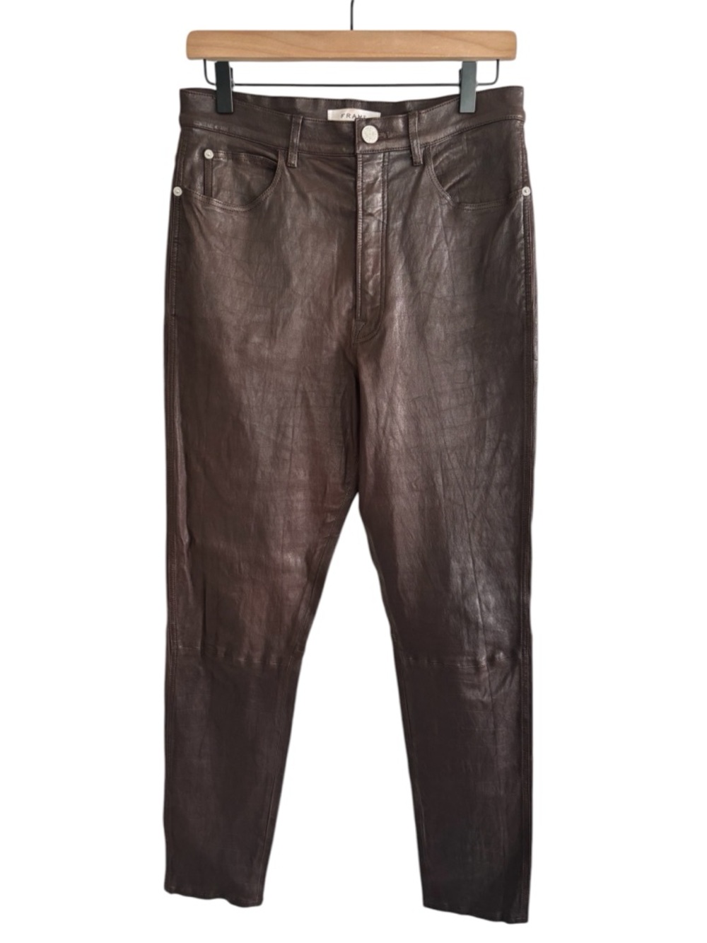 Frame High ‘n’ Tight Lamb Leather Taper Trousers Croc Embossed Size 30 Americano